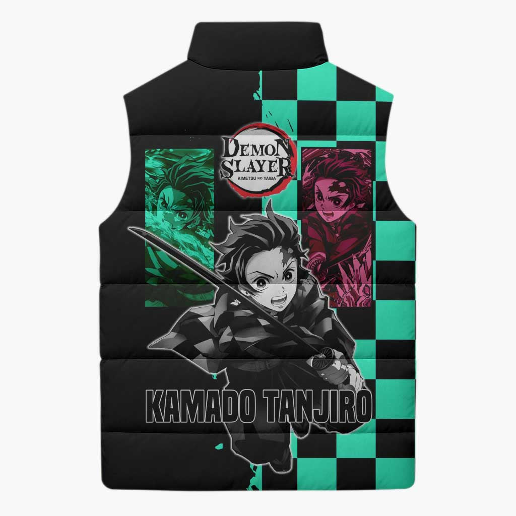 Tanjiro Kamado from Demon Slayer Sleeveless Puffer Jacket with Green Black Checkered Pattern and Water Breathing Sword Pose Design - The Mazicc