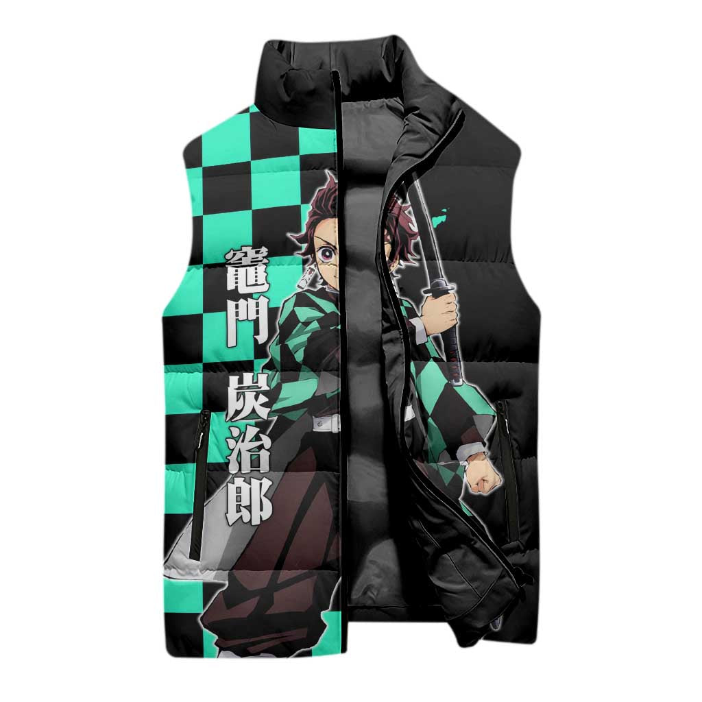 Tanjiro Kamado from Demon Slayer Sleeveless Puffer Jacket with Green Black Checkered Pattern and Water Breathing Sword Pose Design - The Mazicc