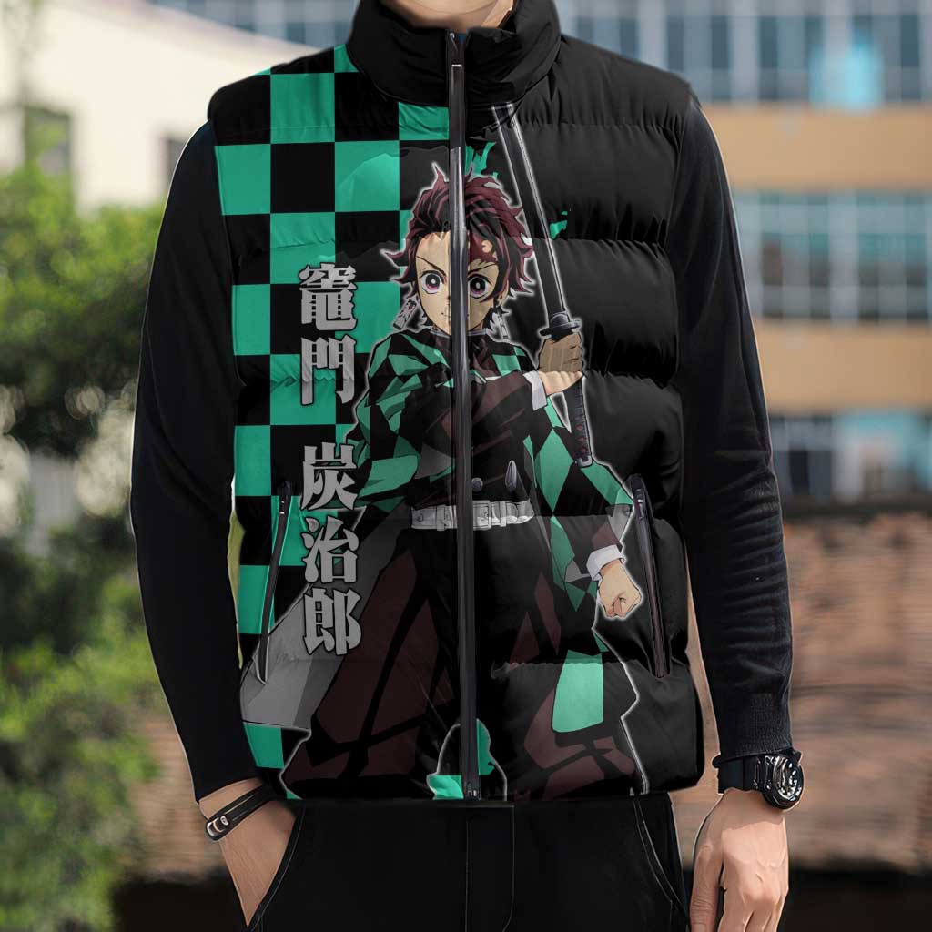 Tanjiro Kamado from Demon Slayer Sleeveless Puffer Jacket with Green Black Checkered Pattern and Water Breathing Sword Pose Design - The Mazicc