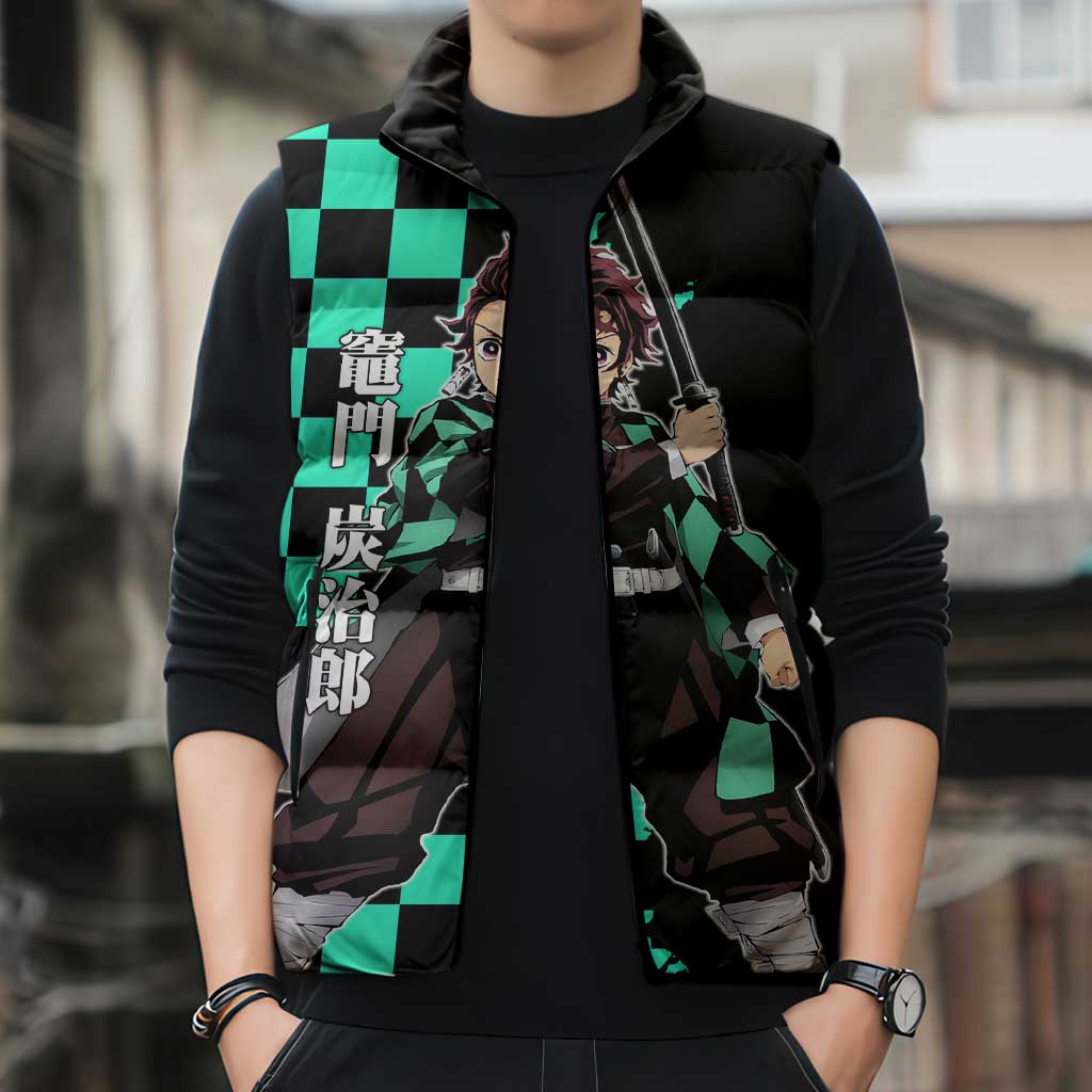 Tanjiro Kamado from Demon Slayer Sleeveless Puffer Jacket with Green Black Checkered Pattern and Water Breathing Sword Pose Design - The Mazicc
