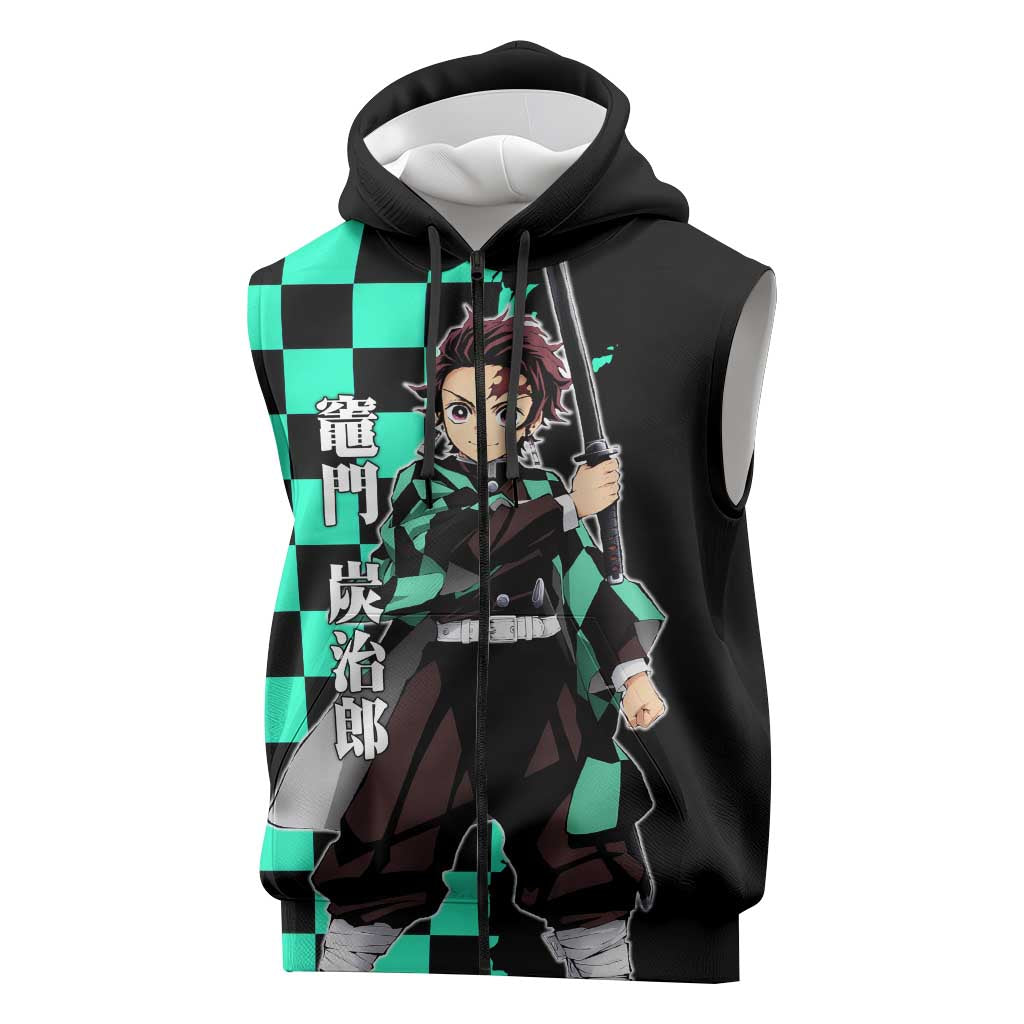 Tanjiro Kamado from Demon Slayer Sleeveless Zip Hoodie with Green Black Checkered Pattern and Water Breathing Sword Pose Design - The Mazicc