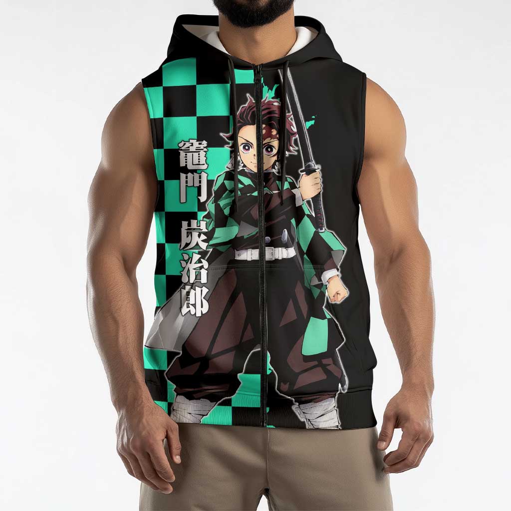 Tanjiro Kamado from Demon Slayer Sleeveless Zip Hoodie with Green Black Checkered Pattern and Water Breathing Sword Pose Design - The Mazicc