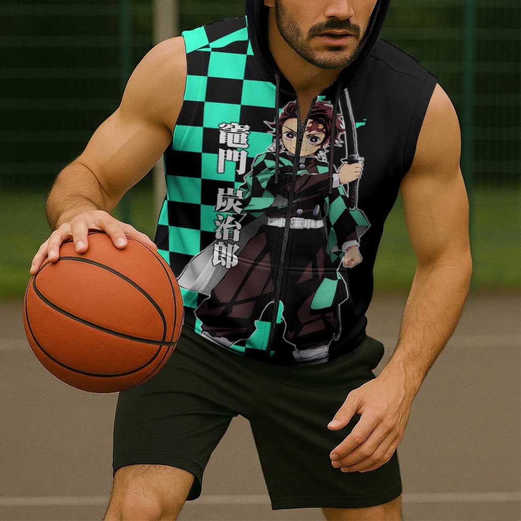 Tanjiro Kamado from Demon Slayer Sleeveless Zip Hoodie with Green Black Checkered Pattern and Water Breathing Sword Pose Design - The Mazicc