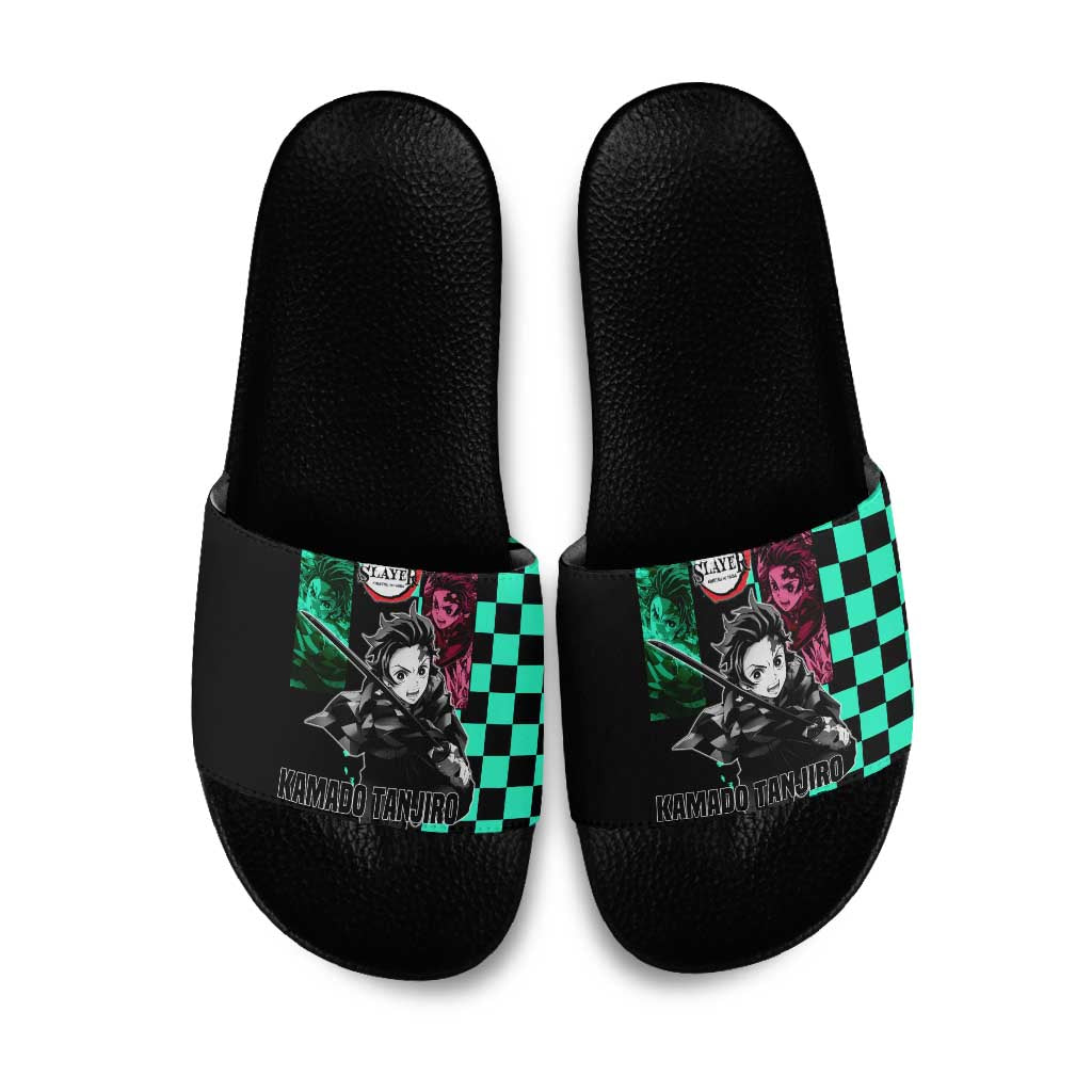 Tanjiro Kamado from Demon Slayer Slide Sandals with Green Black Checkered Pattern and Water Breathing Sword Pose Design - The Mazicc