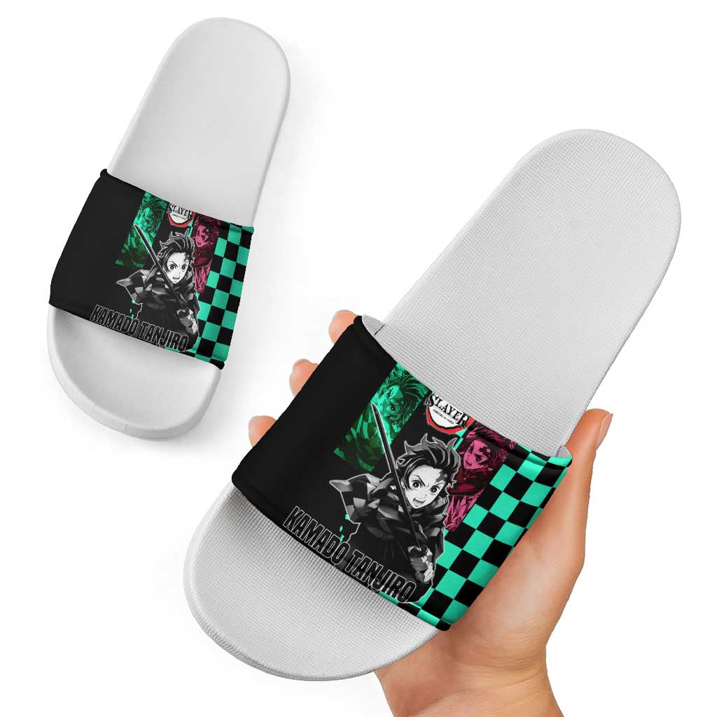 Tanjiro Kamado from Demon Slayer Slide Sandals with Green Black Checkered Pattern and Water Breathing Sword Pose Design - The Mazicc
