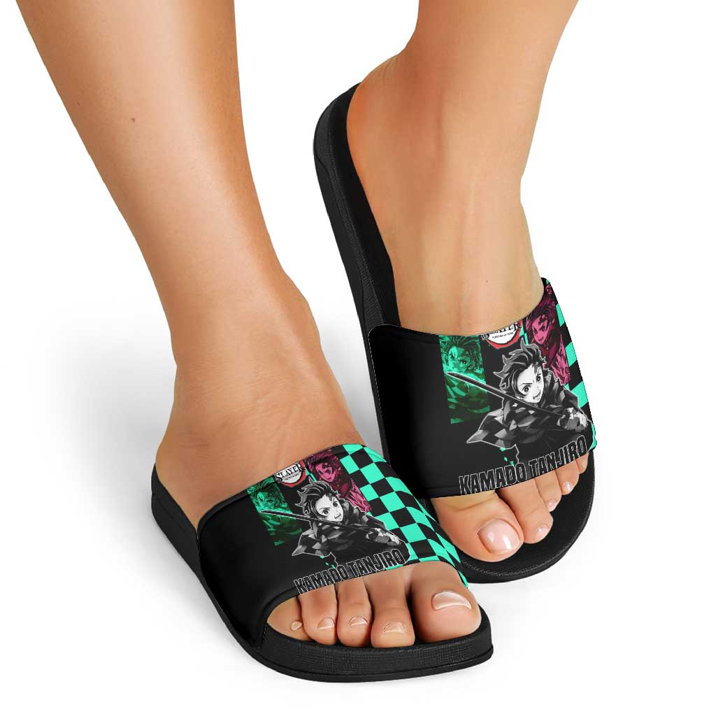 Tanjiro Kamado from Demon Slayer Slide Sandals with Green Black Checkered Pattern and Water Breathing Sword Pose Design - The Mazicc