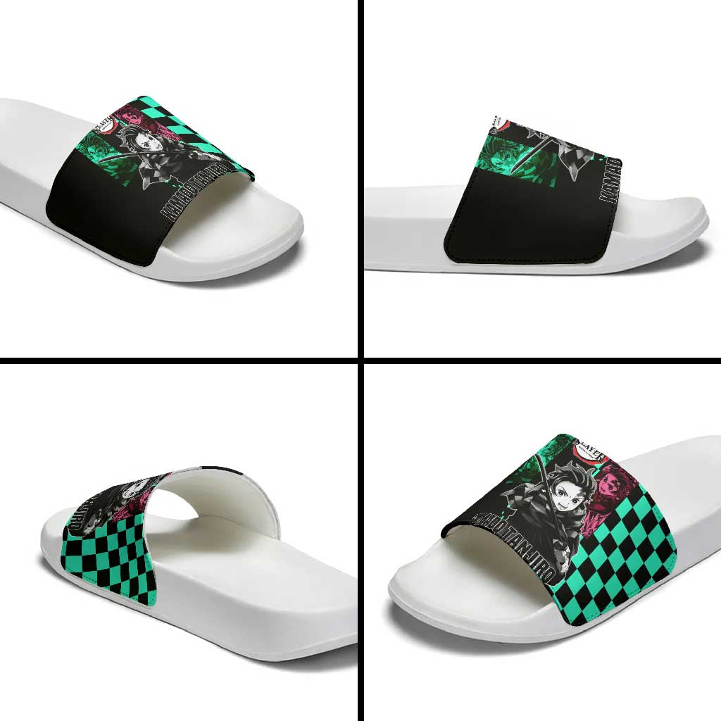 Tanjiro Kamado from Demon Slayer Slide Sandals with Green Black Checkered Pattern and Water Breathing Sword Pose Design - The Mazicc