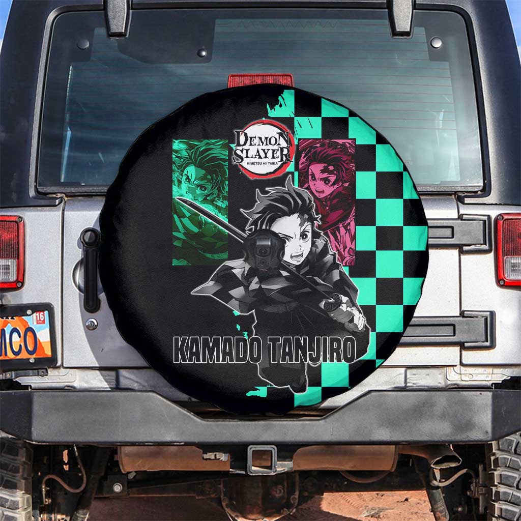 Tanjiro Kamado from Demon Slayer Spare Tire Cover with Green Black Checkered Pattern and Water Breathing Sword Pose Design - The Mazicc