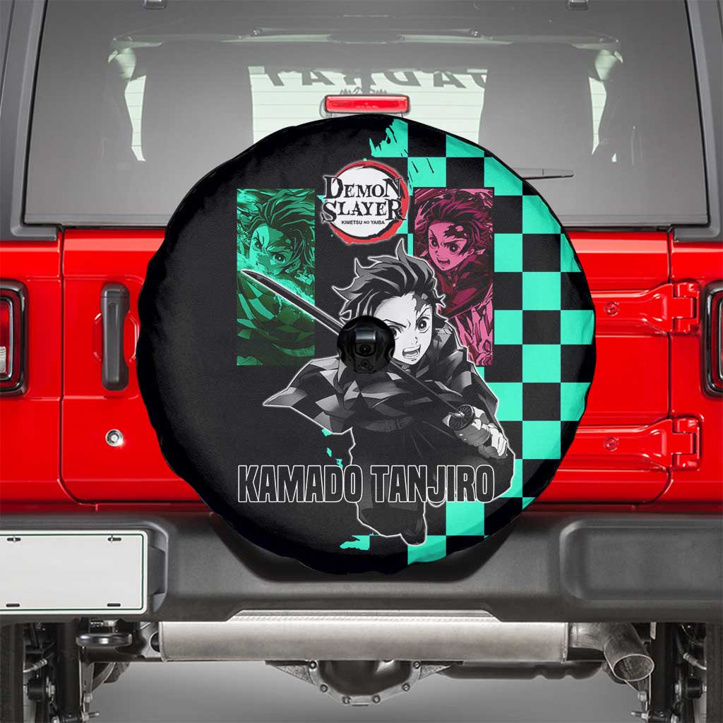 Tanjiro Kamado from Demon Slayer Spare Tire Cover with Green Black Checkered Pattern and Water Breathing Sword Pose Design - The Mazicc