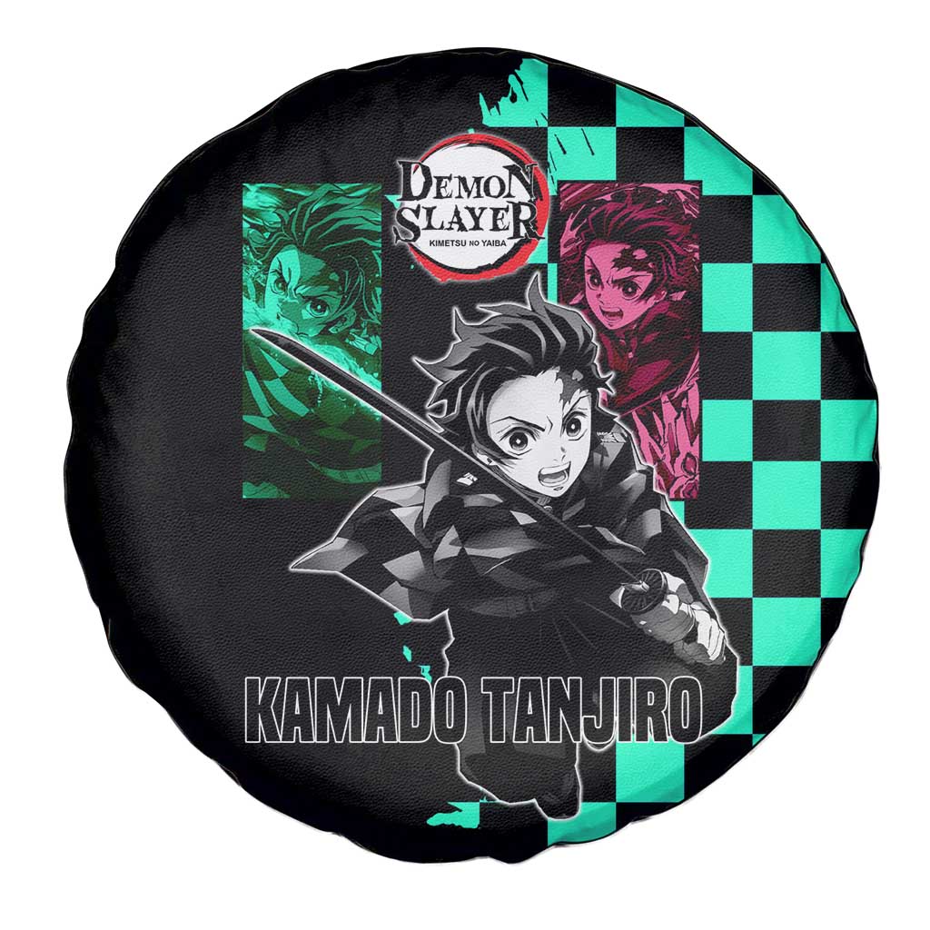 Tanjiro Kamado from Demon Slayer Spare Tire Cover with Green Black Checkered Pattern and Water Breathing Sword Pose Design - The Mazicc