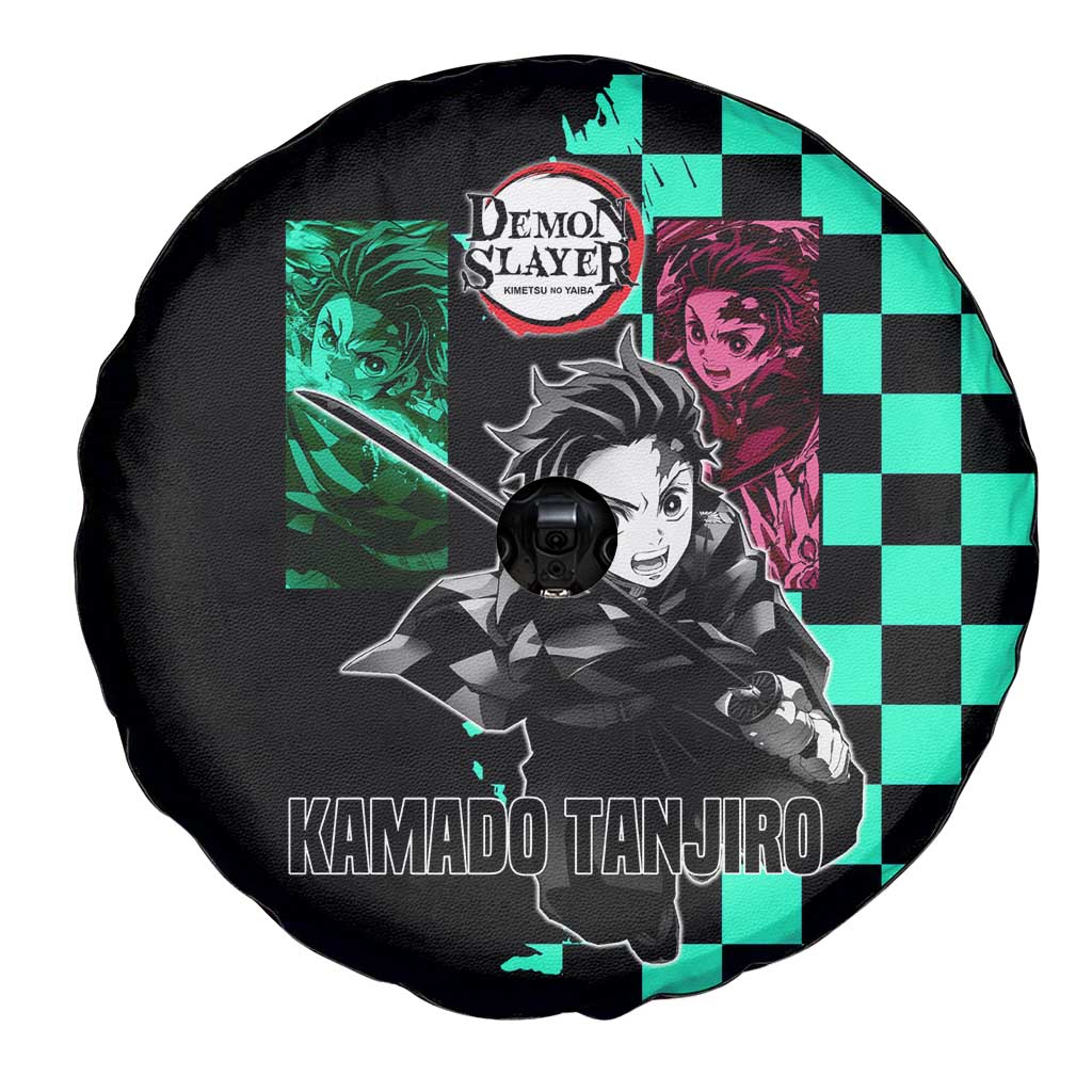 Tanjiro Kamado from Demon Slayer Spare Tire Cover with Green Black Checkered Pattern and Water Breathing Sword Pose Design - The Mazicc