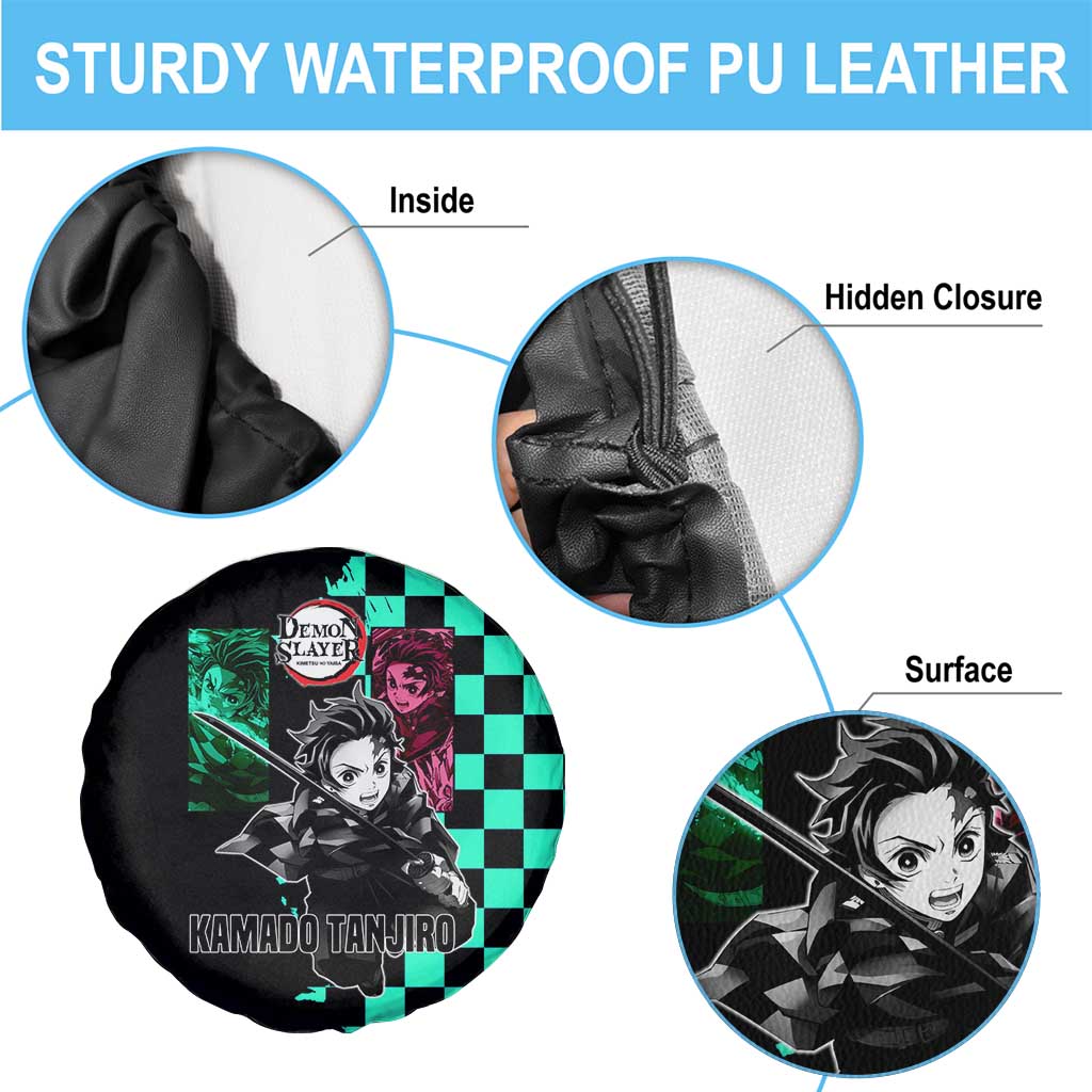 Tanjiro Kamado from Demon Slayer Spare Tire Cover with Green Black Checkered Pattern and Water Breathing Sword Pose Design - The Mazicc