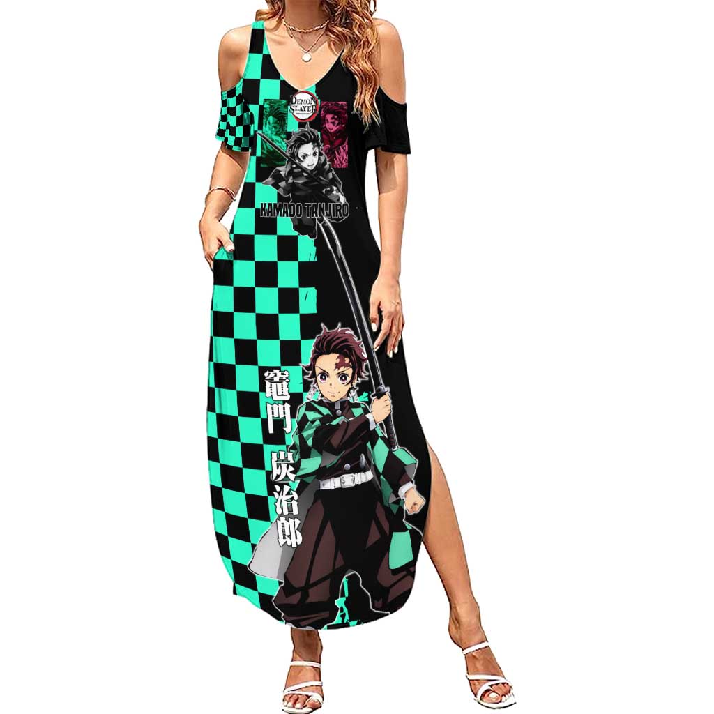 Tanjiro Kamado from Demon Slayer Summer Maxi Dress with Green Black Checkered Pattern and Water Breathing Sword Pose Design - The Mazicc