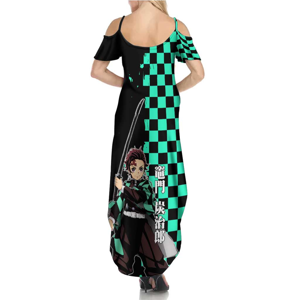 Tanjiro Kamado from Demon Slayer Summer Maxi Dress with Green Black Checkered Pattern and Water Breathing Sword Pose Design - The Mazicc