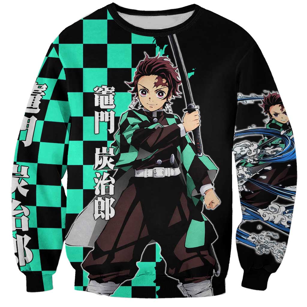 Tanjiro Kamado from Demon Slayer Sweatshirt with Green Black Checkered Pattern and Water Breathing Sword Pose Design - The Mazicc