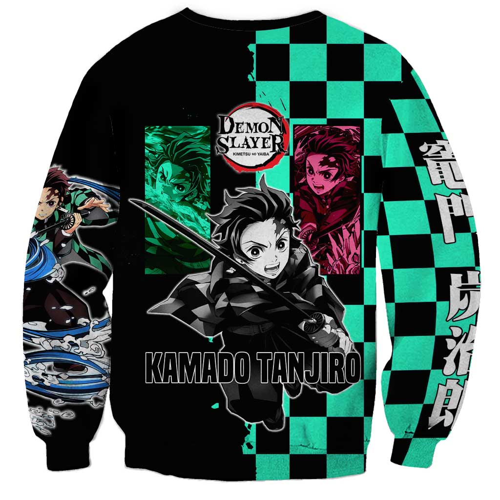 Tanjiro Kamado from Demon Slayer Sweatshirt with Green Black Checkered Pattern and Water Breathing Sword Pose Design - The Mazicc