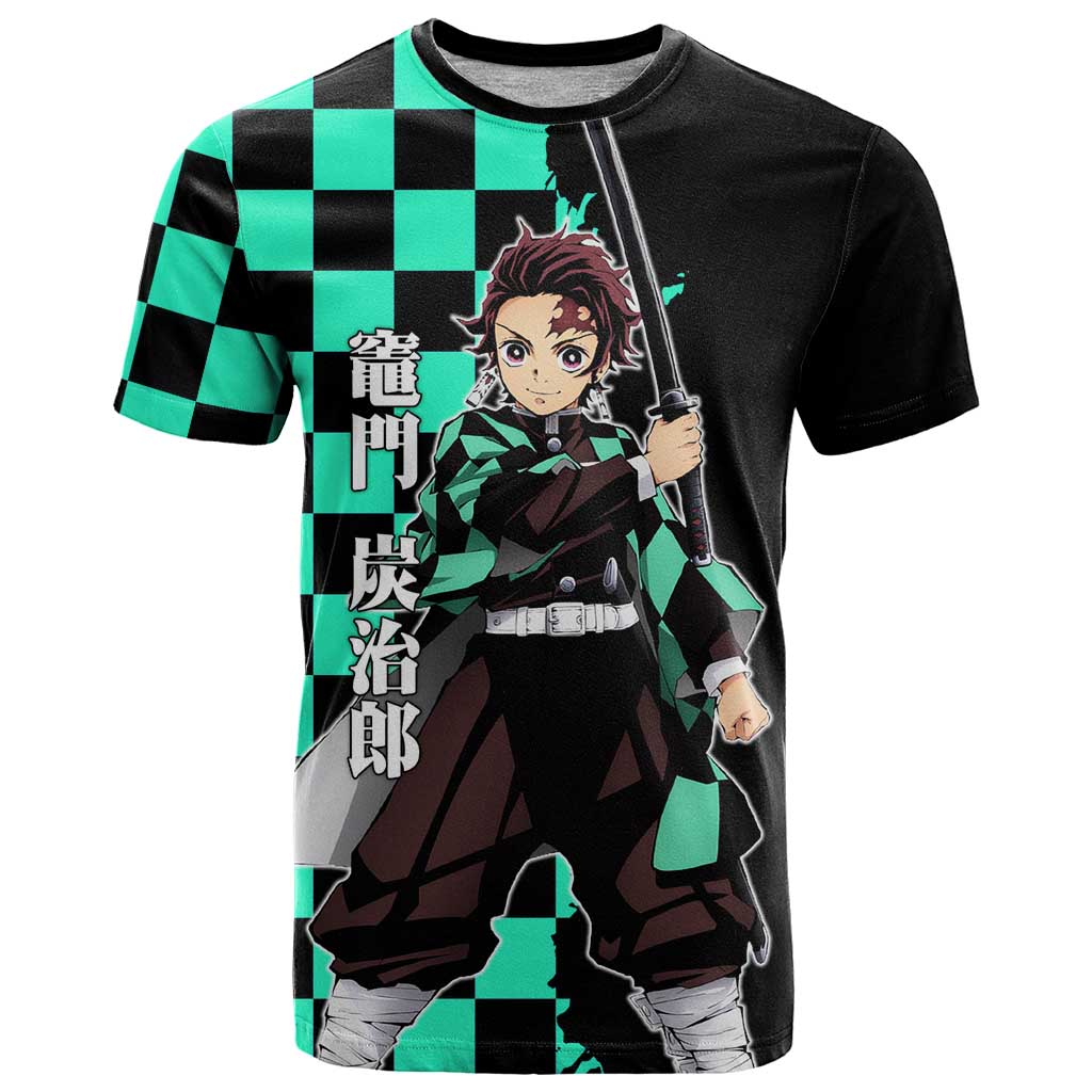 Tanjiro Kamado from Demon Slayer T Shirt with Green Black Checkered Pattern and Water Breathing Sword Pose Design - The Mazicc