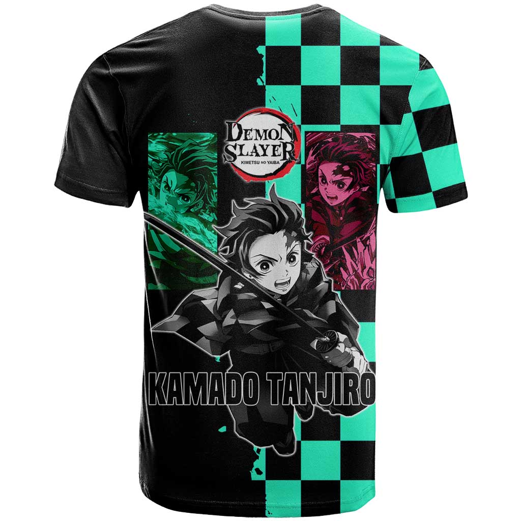 Tanjiro Kamado from Demon Slayer T Shirt with Green Black Checkered Pattern and Water Breathing Sword Pose Design - The Mazicc