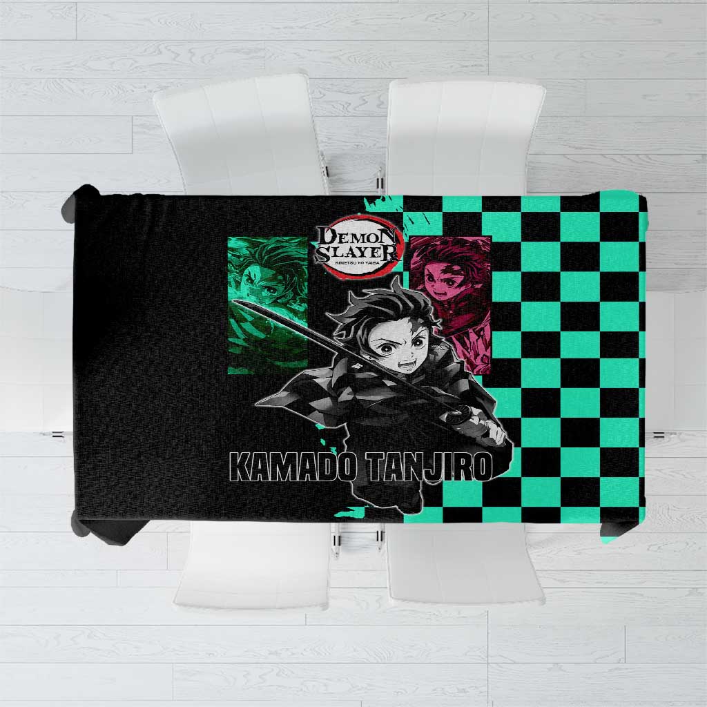 Tanjiro Kamado from Demon Slayer Tablecloth with Green Black Checkered Pattern and Water Breathing Sword Pose Design - The Mazicc
