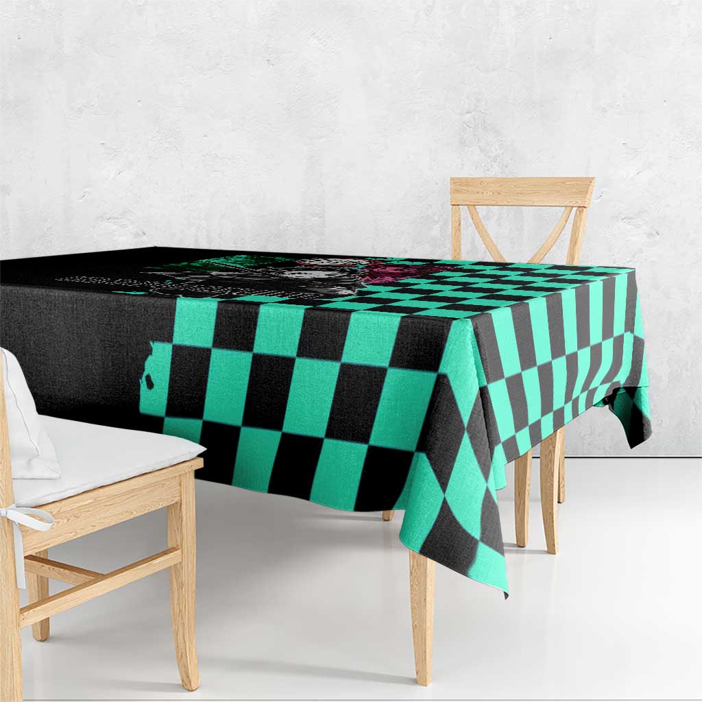 Tanjiro Kamado from Demon Slayer Tablecloth with Green Black Checkered Pattern and Water Breathing Sword Pose Design - The Mazicc