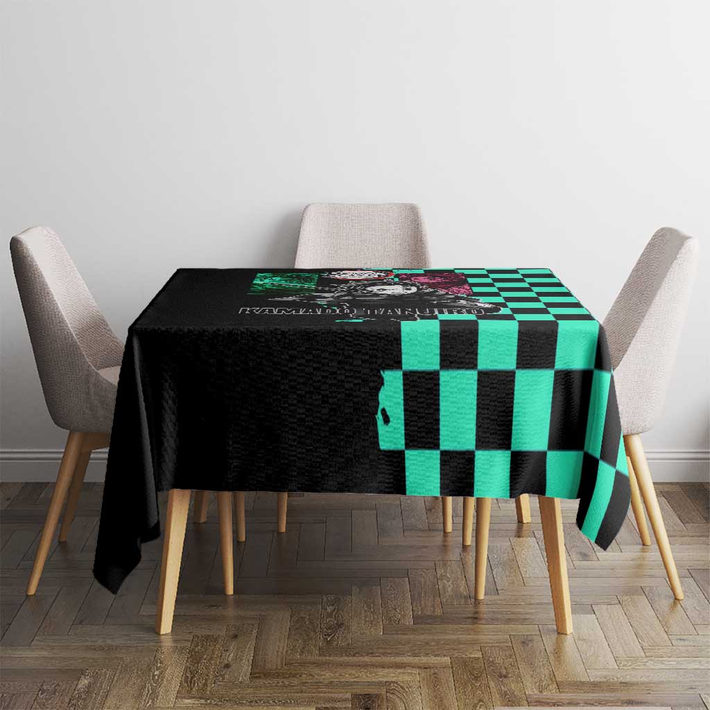 Tanjiro Kamado from Demon Slayer Tablecloth with Green Black Checkered Pattern and Water Breathing Sword Pose Design - The Mazicc