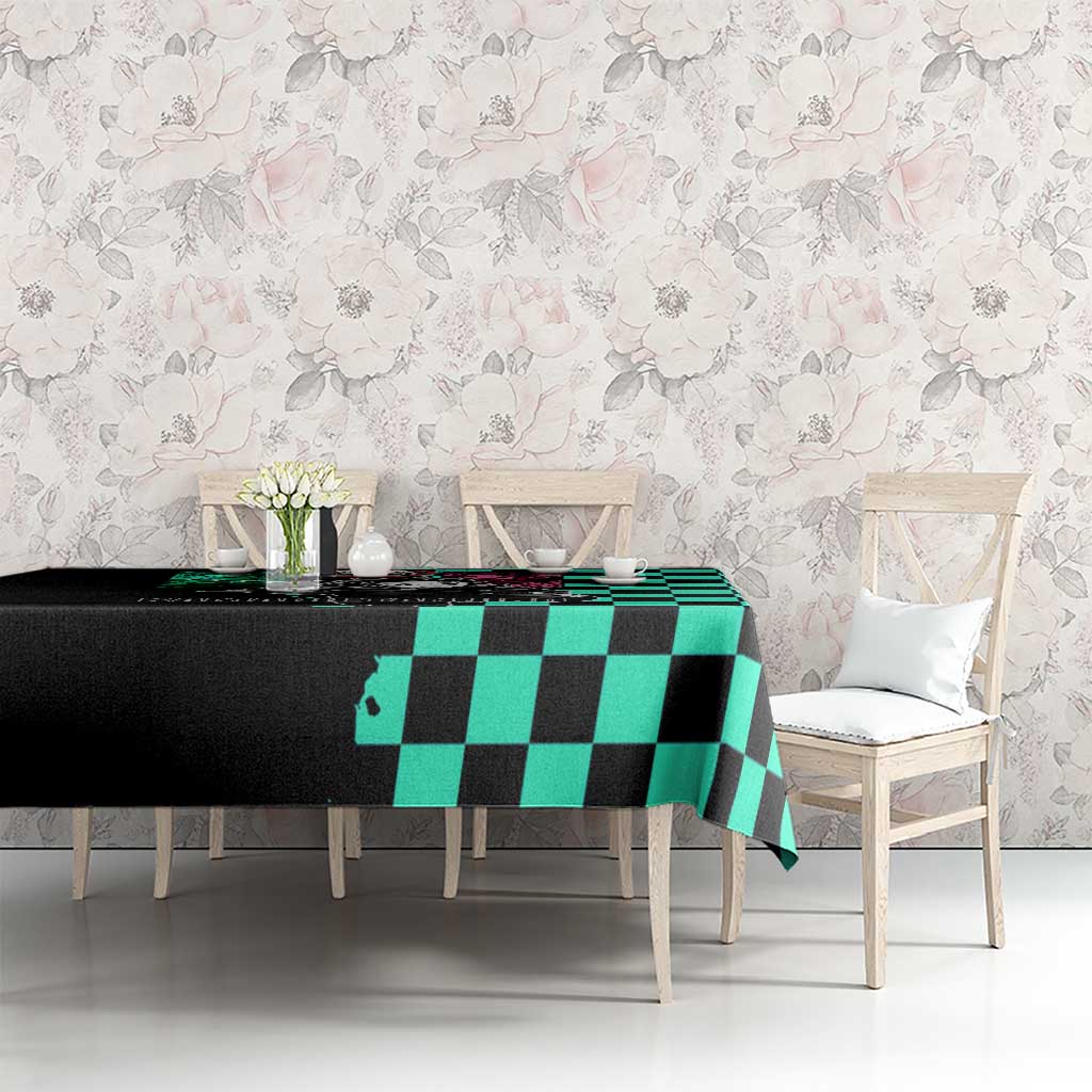 Tanjiro Kamado from Demon Slayer Tablecloth with Green Black Checkered Pattern and Water Breathing Sword Pose Design - The Mazicc