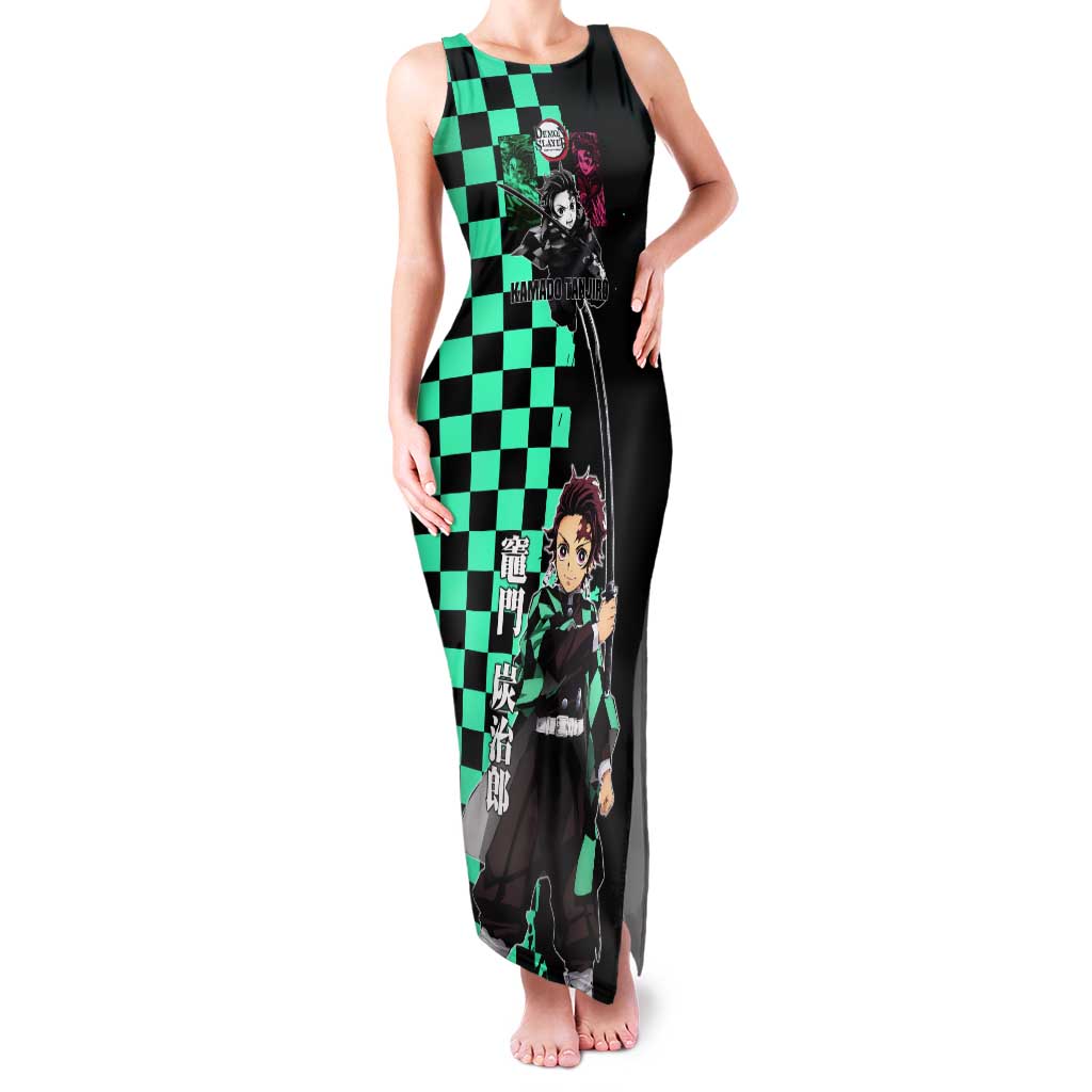 Tanjiro Kamado from Demon Slayer Tank Maxi Dress with Green Black Checkered Pattern and Water Breathing Sword Pose Design - The Mazicc