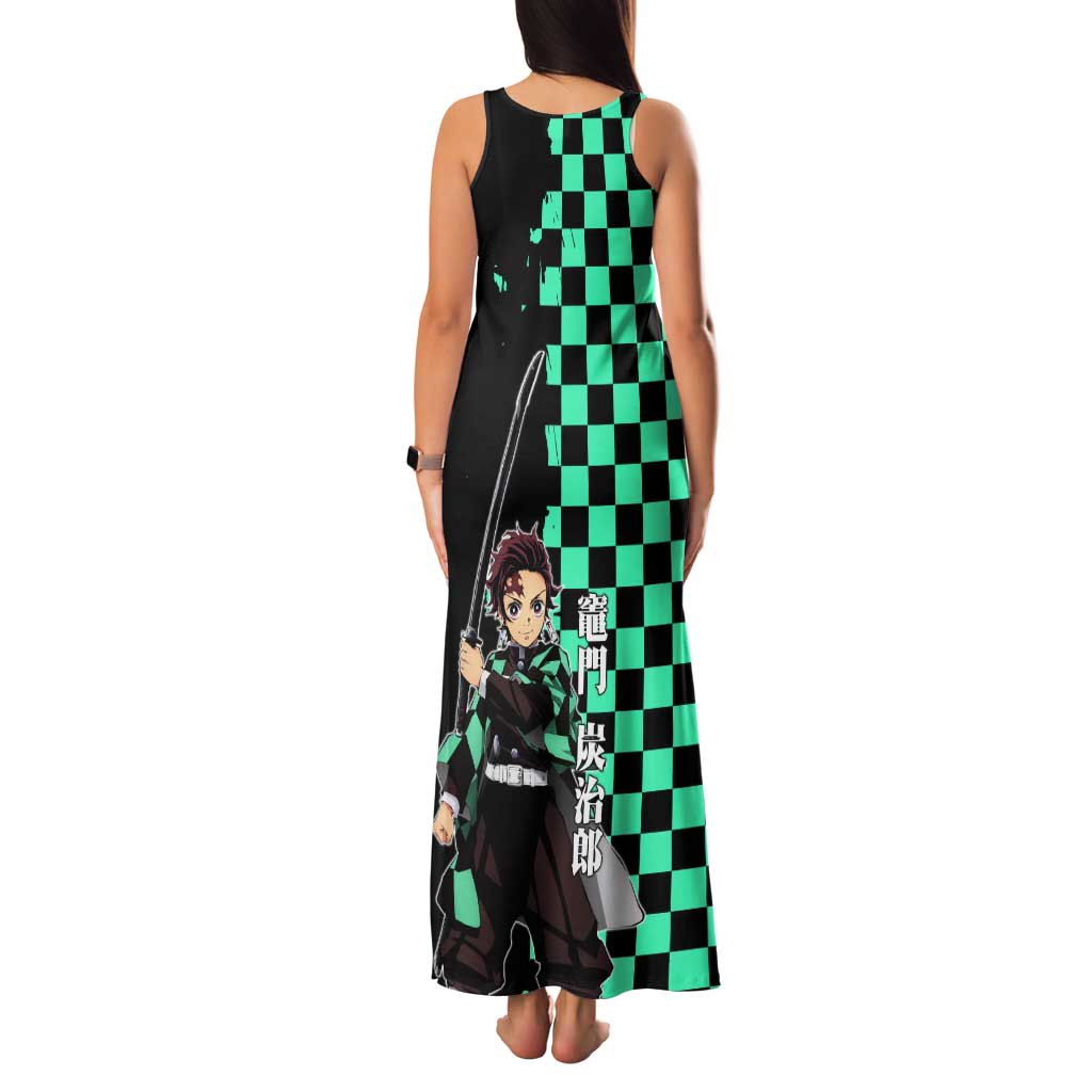 Tanjiro Kamado from Demon Slayer Tank Maxi Dress with Green Black Checkered Pattern and Water Breathing Sword Pose Design - The Mazicc