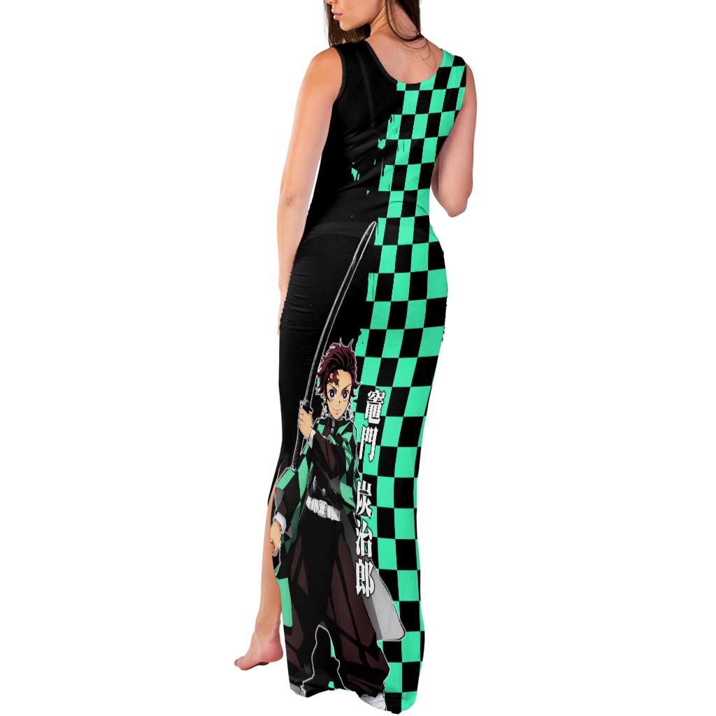 Tanjiro Kamado from Demon Slayer Tank Maxi Dress with Green Black Checkered Pattern and Water Breathing Sword Pose Design - The Mazicc