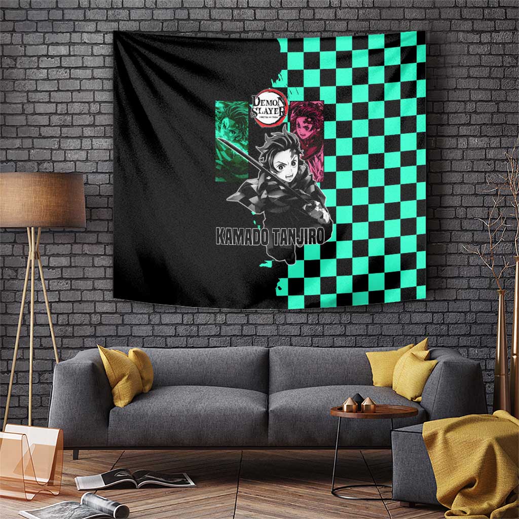 Tanjiro Kamado from Demon Slayer Tapestry with Green Black Checkered Pattern and Water Breathing Sword Pose Design - The Mazicc
