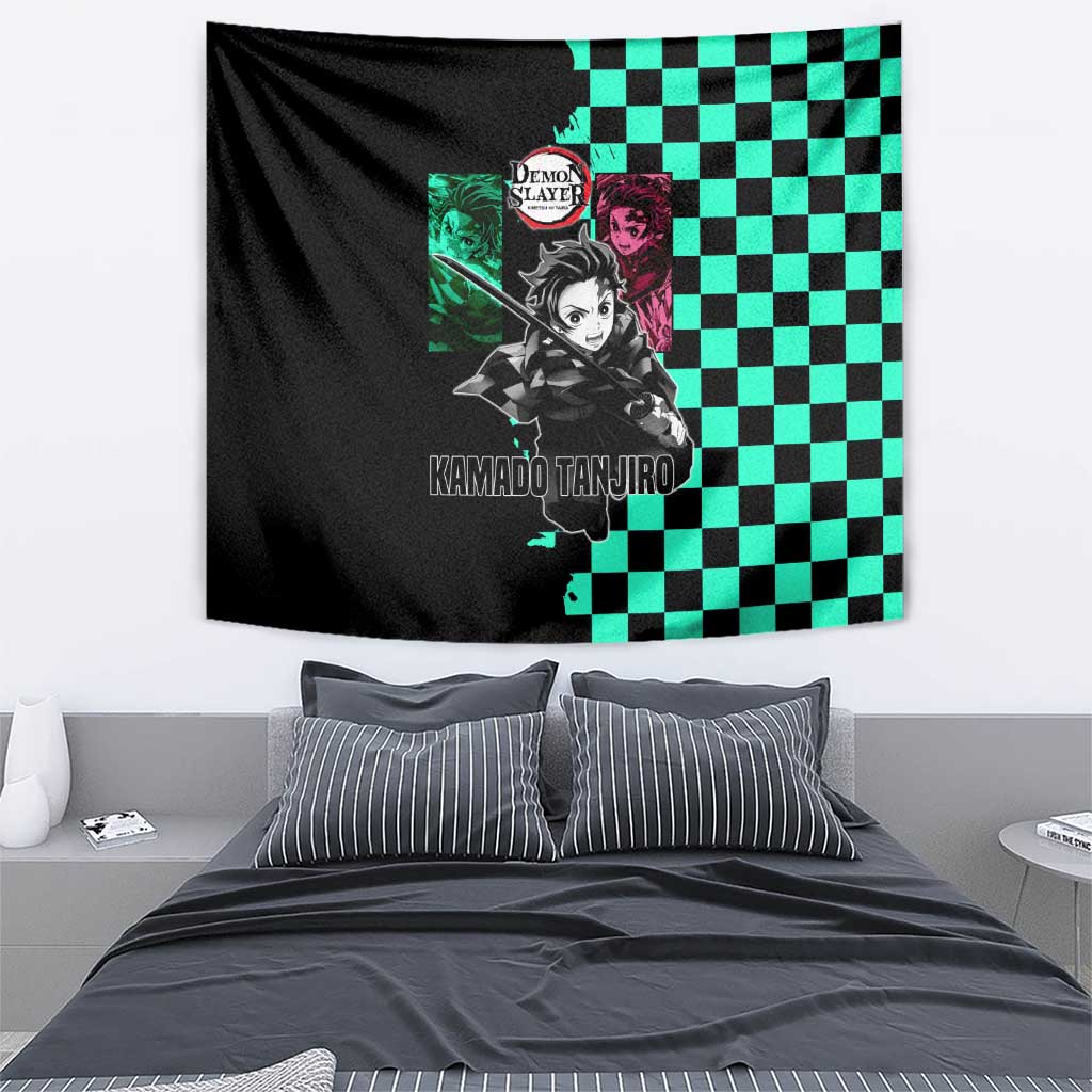 Tanjiro Kamado from Demon Slayer Tapestry with Green Black Checkered Pattern and Water Breathing Sword Pose Design - The Mazicc