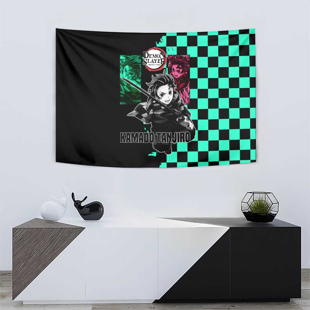 Tanjiro Kamado from Demon Slayer Tapestry with Green Black Checkered Pattern and Water Breathing Sword Pose Design - The Mazicc