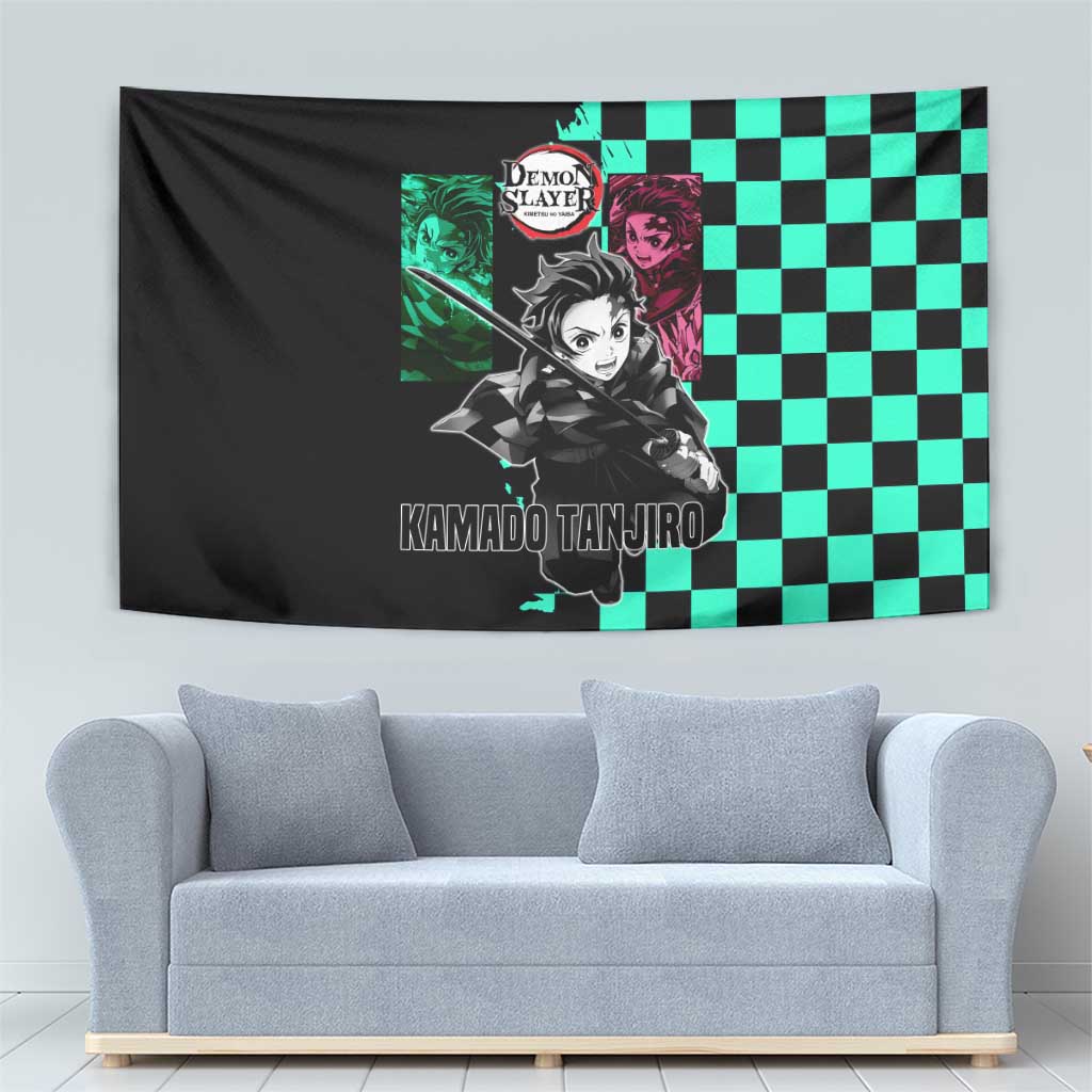 Tanjiro Kamado from Demon Slayer Tapestry with Green Black Checkered Pattern and Water Breathing Sword Pose Design - The Mazicc