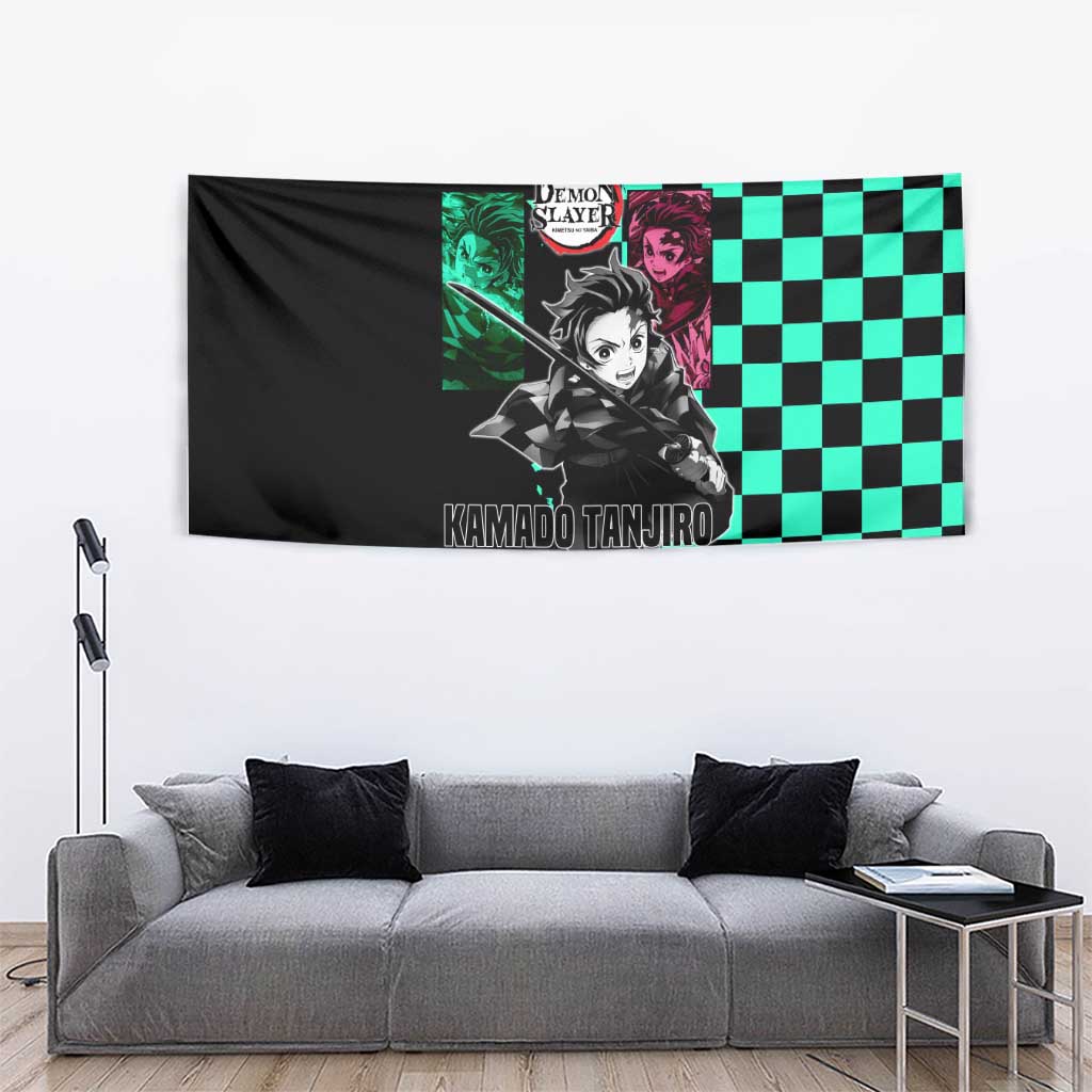 Tanjiro Kamado from Demon Slayer Tapestry with Green Black Checkered Pattern and Water Breathing Sword Pose Design - The Mazicc