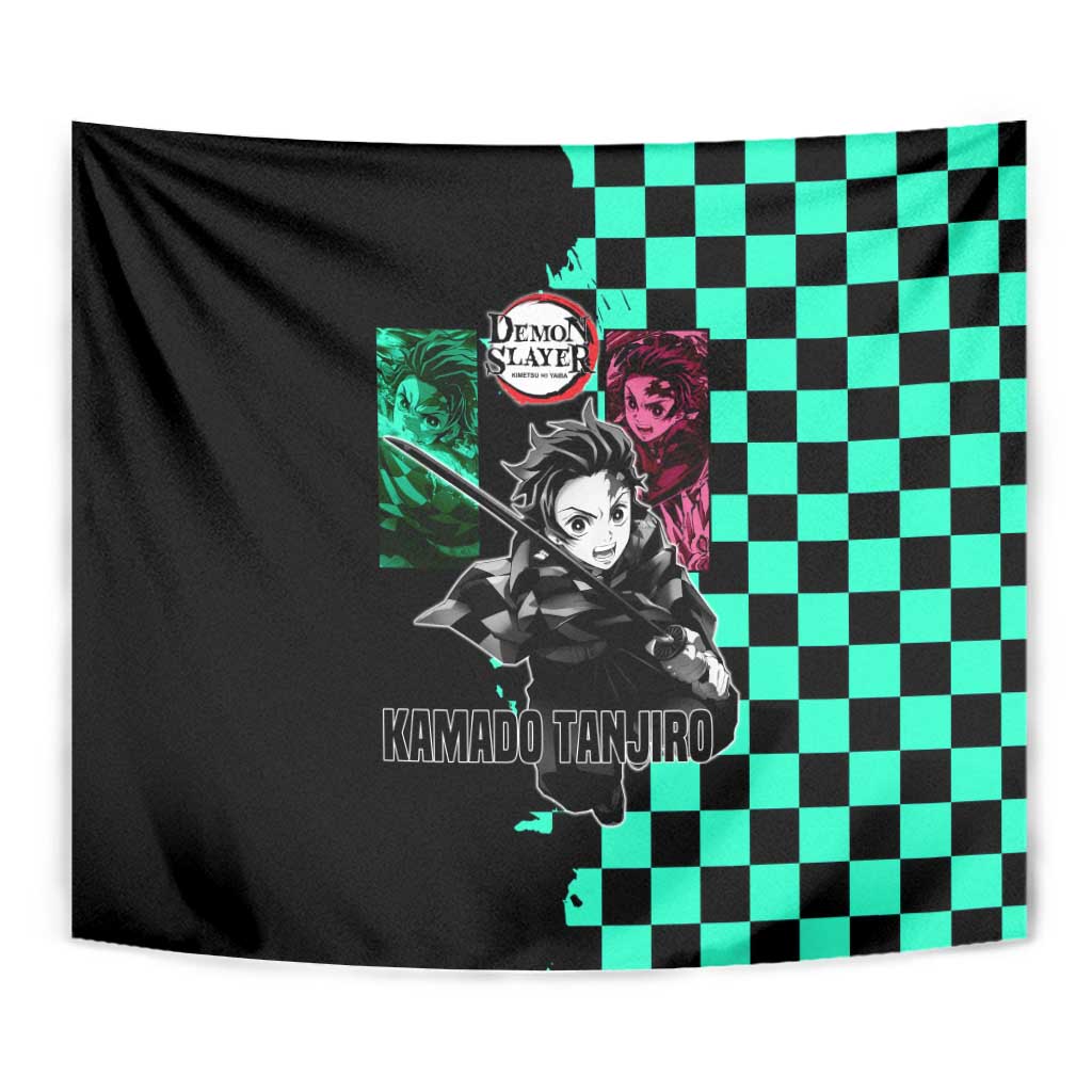 Tanjiro Kamado from Demon Slayer Tapestry with Green Black Checkered Pattern and Water Breathing Sword Pose Design - The Mazicc