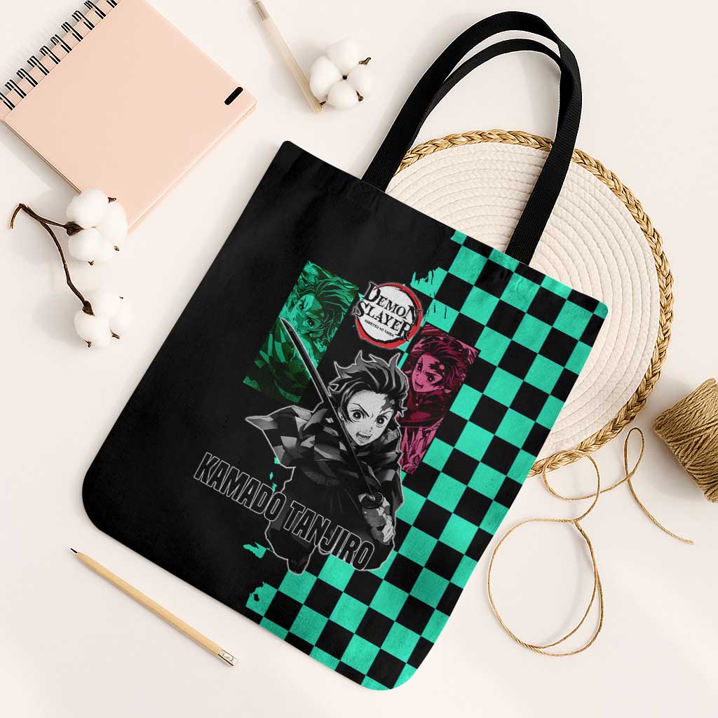 Tanjiro Kamado from Demon Slayer Tote Bag with Green Black Checkered Pattern and Water Breathing Sword Pose Design - The Mazicc
