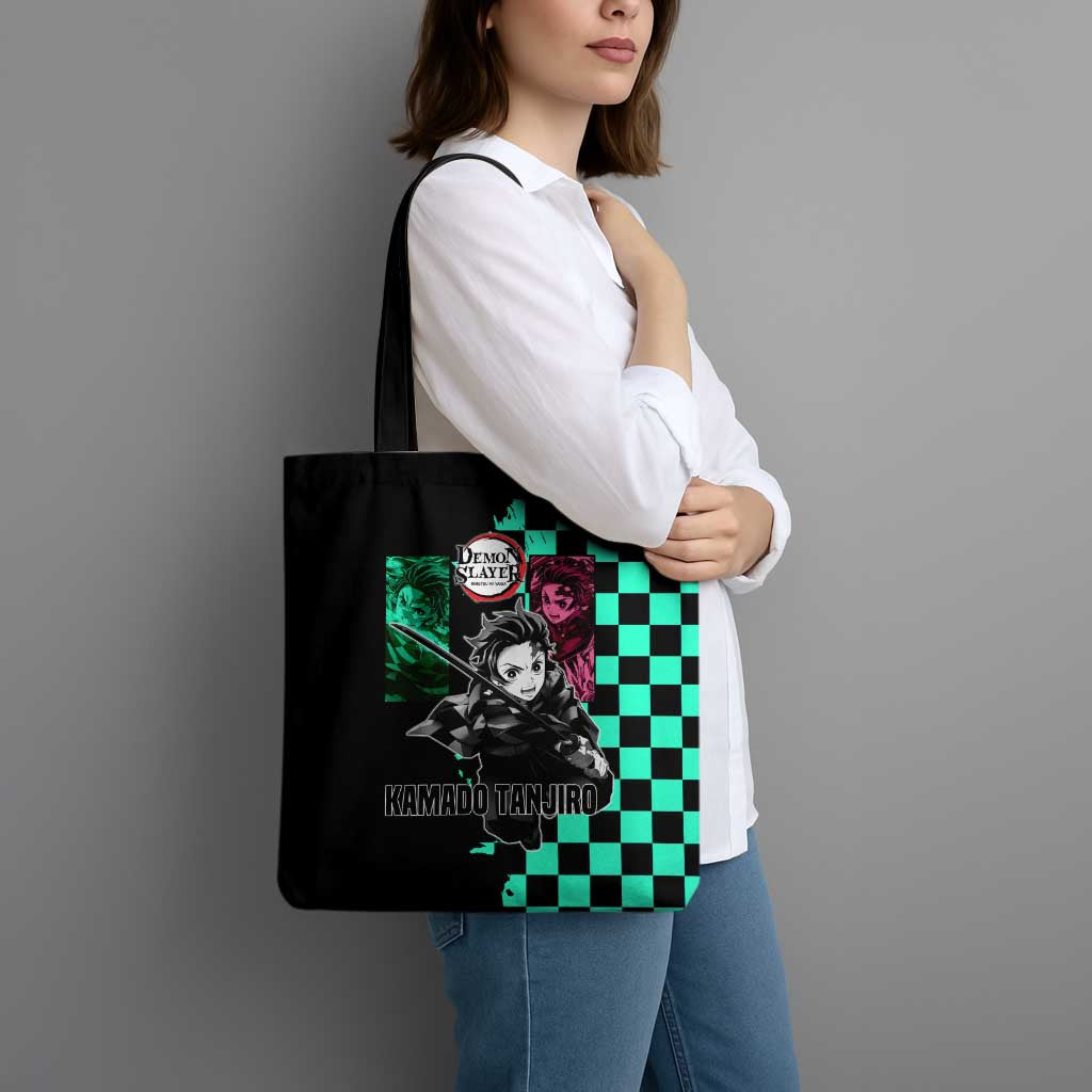 Tanjiro Kamado from Demon Slayer Tote Bag with Green Black Checkered Pattern and Water Breathing Sword Pose Design - The Mazicc
