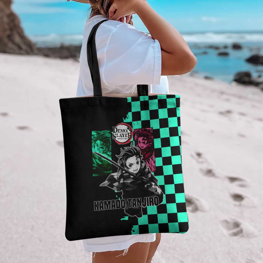 Tanjiro Kamado from Demon Slayer Tote Bag with Green Black Checkered Pattern and Water Breathing Sword Pose Design - The Mazicc