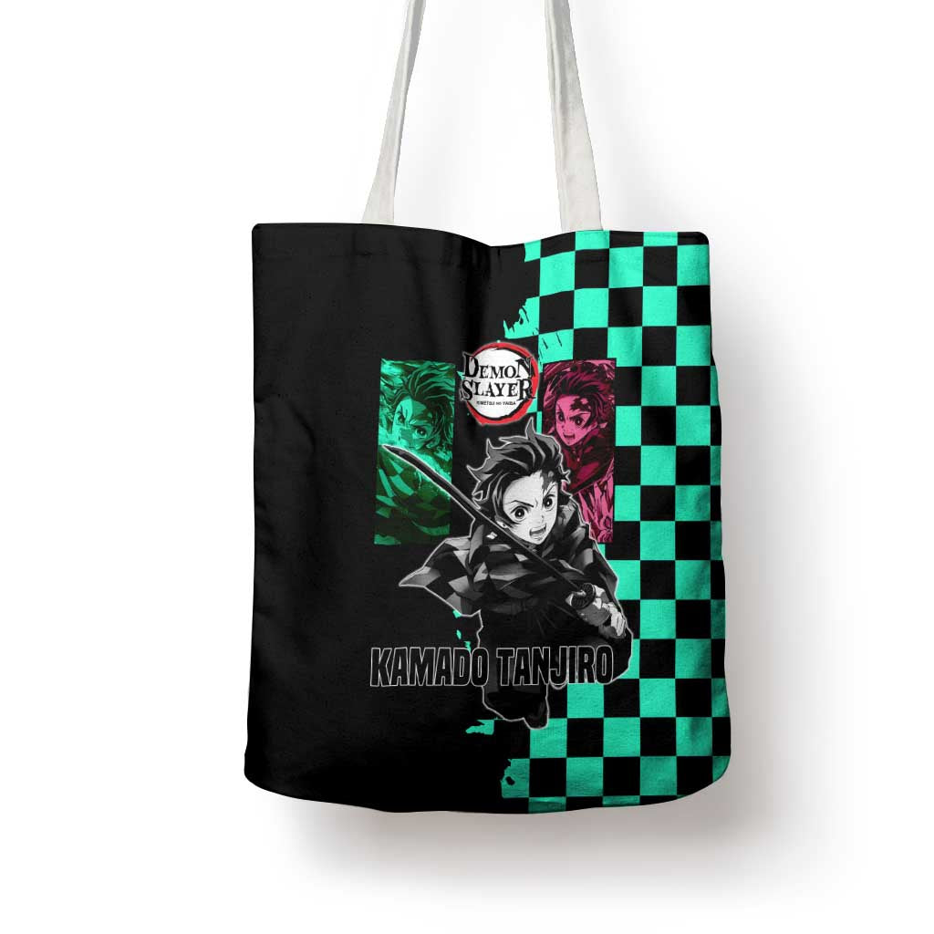 Tanjiro Kamado from Demon Slayer Tote Bag with Green Black Checkered Pattern and Water Breathing Sword Pose Design - The Mazicc