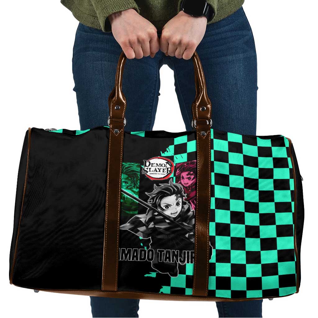 Tanjiro Kamado from Demon Slayer Travel Bag with Green Black Checkered Pattern and Water Breathing Sword Pose Design - The Mazicc