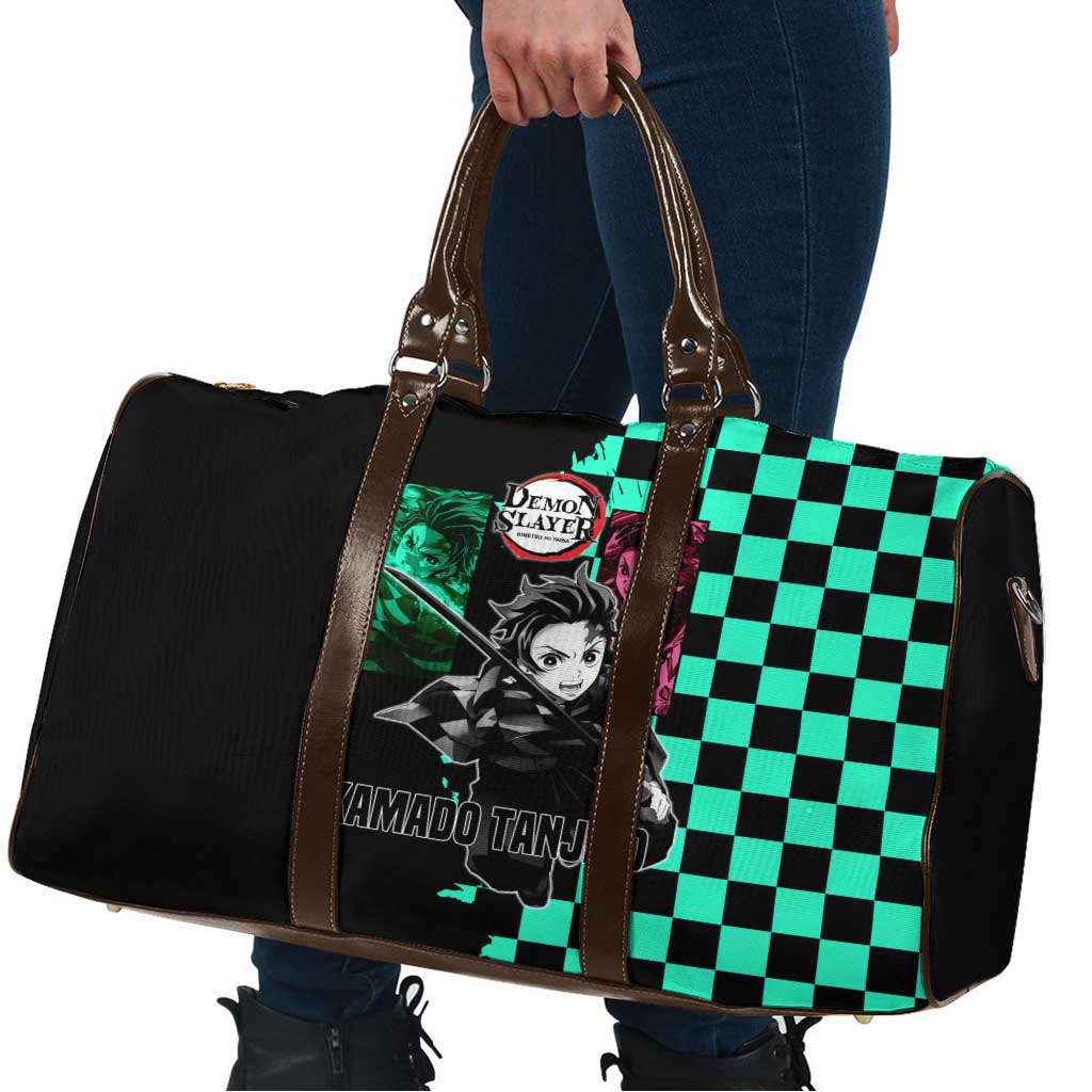 Tanjiro Kamado from Demon Slayer Travel Bag with Green Black Checkered Pattern and Water Breathing Sword Pose Design - The Mazicc