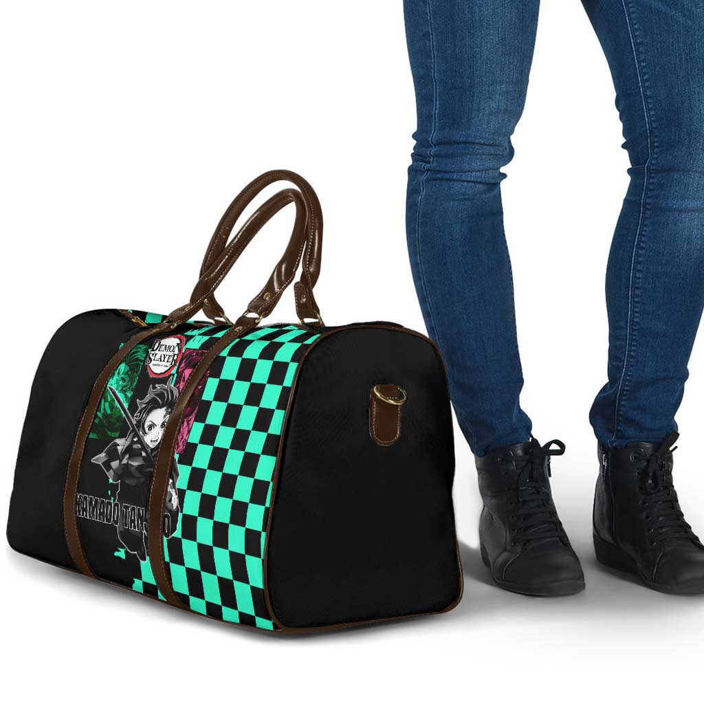 Tanjiro Kamado from Demon Slayer Travel Bag with Green Black Checkered Pattern and Water Breathing Sword Pose Design - The Mazicc