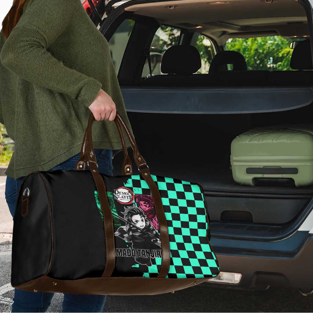 Tanjiro Kamado from Demon Slayer Travel Bag with Green Black Checkered Pattern and Water Breathing Sword Pose Design - The Mazicc