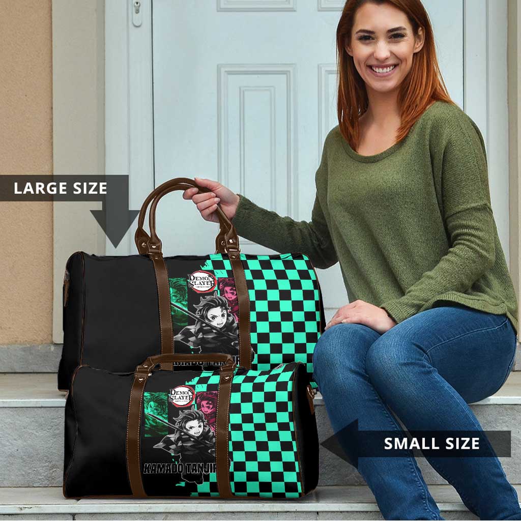 Tanjiro Kamado from Demon Slayer Travel Bag with Green Black Checkered Pattern and Water Breathing Sword Pose Design - The Mazicc