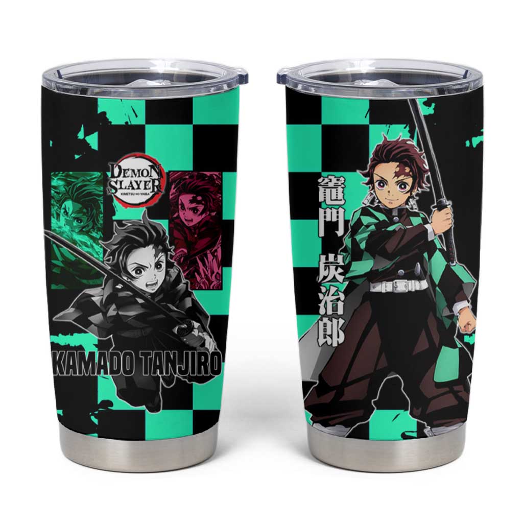 Tanjiro Kamado from Demon Slayer Tumbler Cup with Green Black Checkered Pattern and Water Breathing Sword Pose Design - The Mazicc