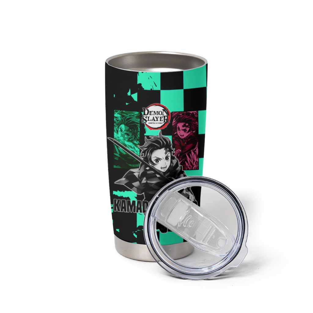 Tanjiro Kamado from Demon Slayer Tumbler Cup with Green Black Checkered Pattern and Water Breathing Sword Pose Design - The Mazicc