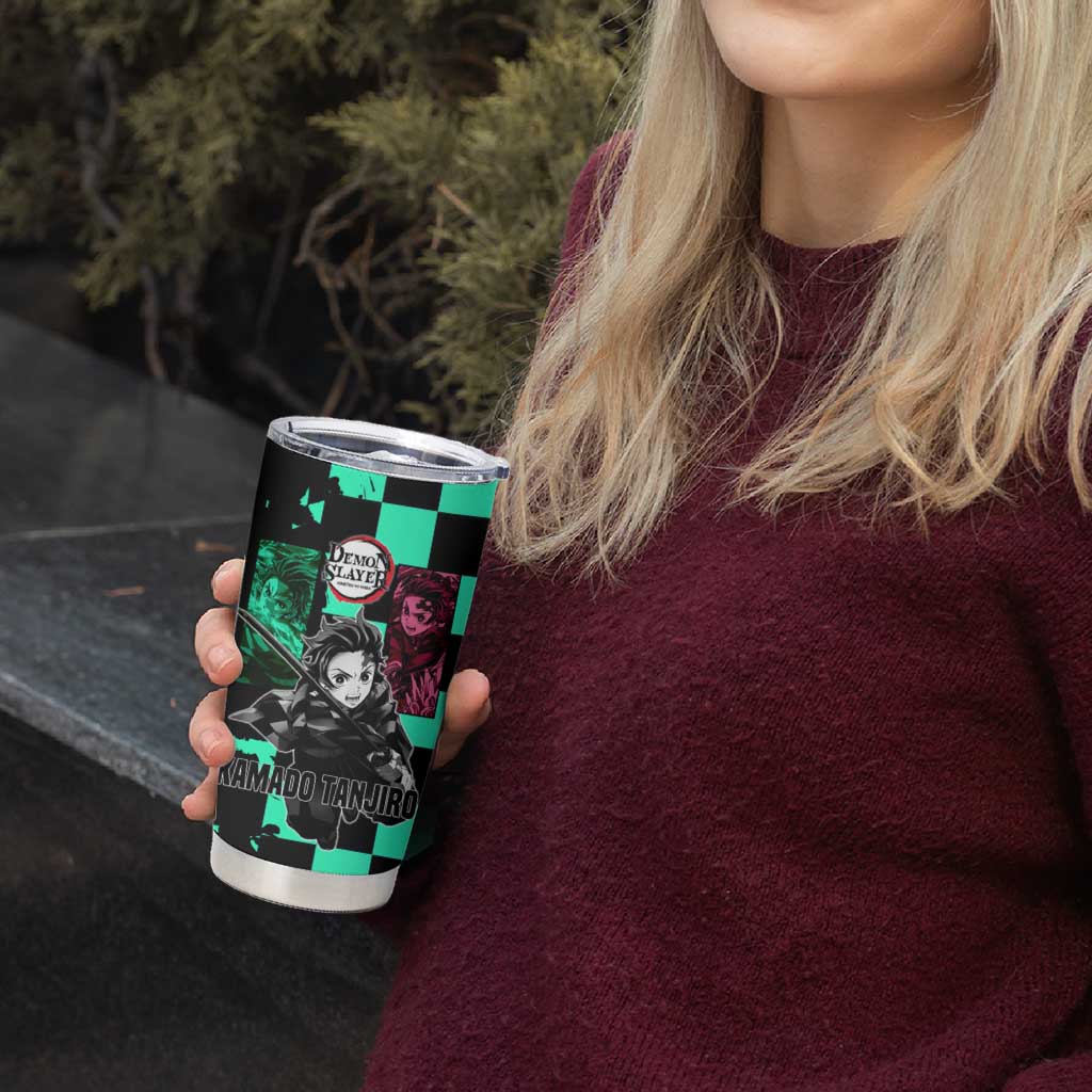Tanjiro Kamado from Demon Slayer Tumbler Cup with Green Black Checkered Pattern and Water Breathing Sword Pose Design - The Mazicc