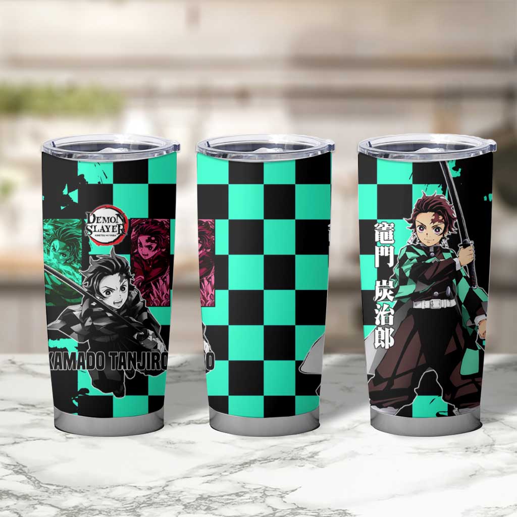 Tanjiro Kamado from Demon Slayer Tumbler Cup with Green Black Checkered Pattern and Water Breathing Sword Pose Design - The Mazicc