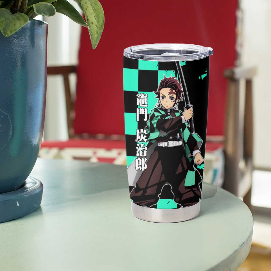 Tanjiro Kamado from Demon Slayer Tumbler Cup with Green Black Checkered Pattern and Water Breathing Sword Pose Design - The Mazicc