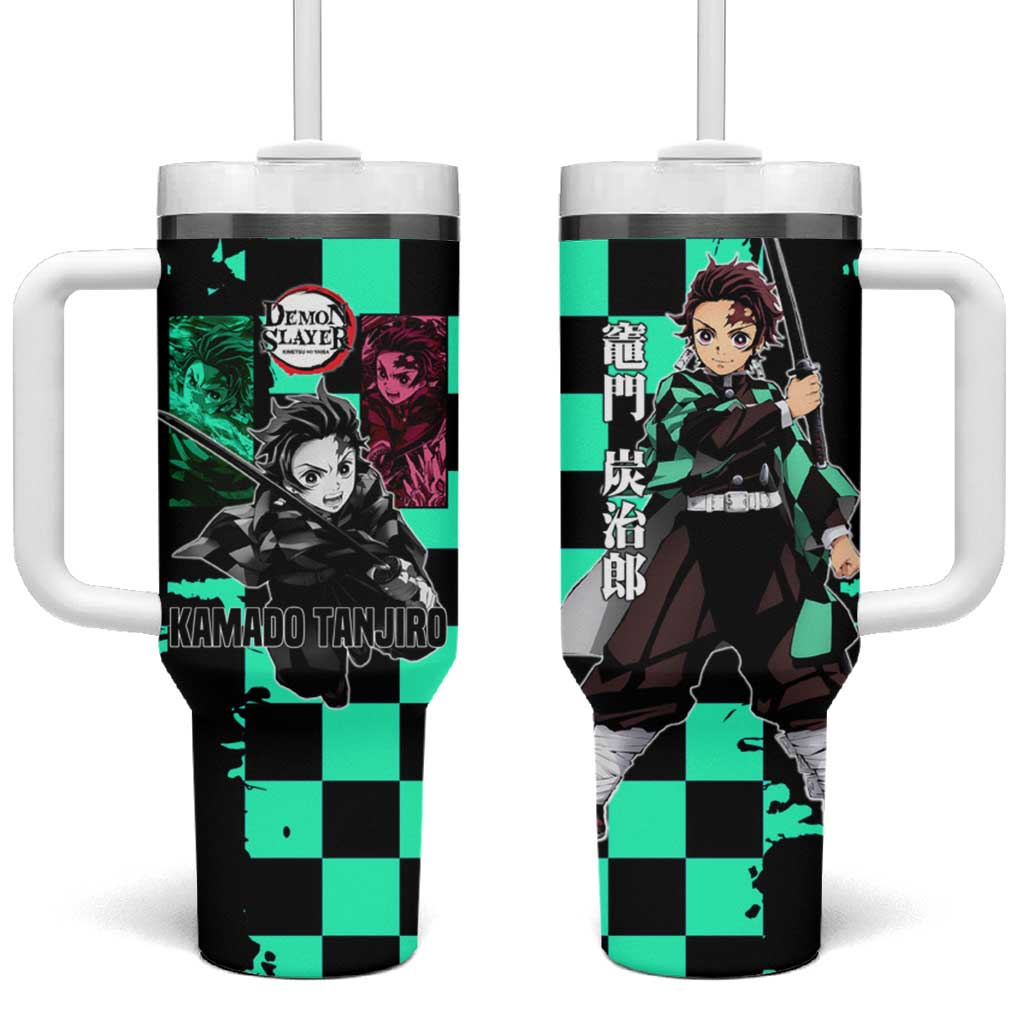 Tanjiro Kamado from Demon Slayer Tumbler With Handle with Green Black Checkered Pattern and Water Breathing Sword Pose Design - The Mazicc